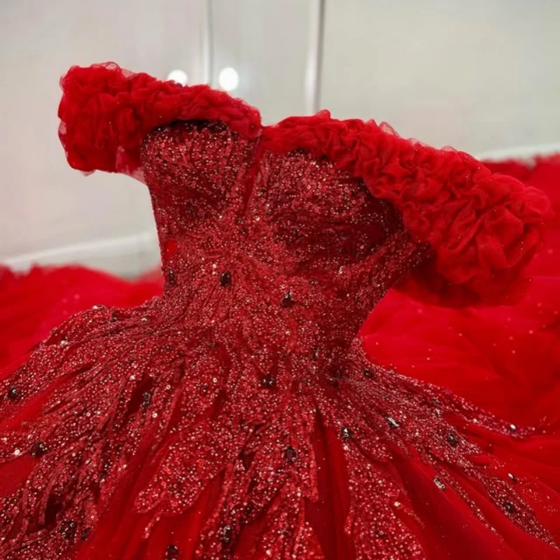 

Customized Shiny Red Quinceanera Dresses Off the Shoulder sequin applique Long tail Vestido 15 Quinceanera