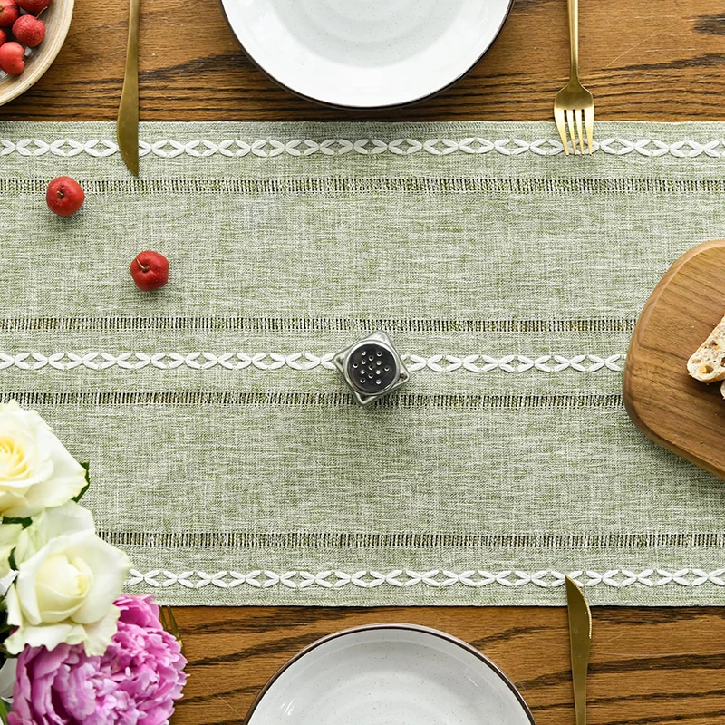 Sage Green Rustic Cotton Linen Table Runner Seasonal Embroidered Hollow Kitchen Dining Table Decorations for Wedding Party Decor