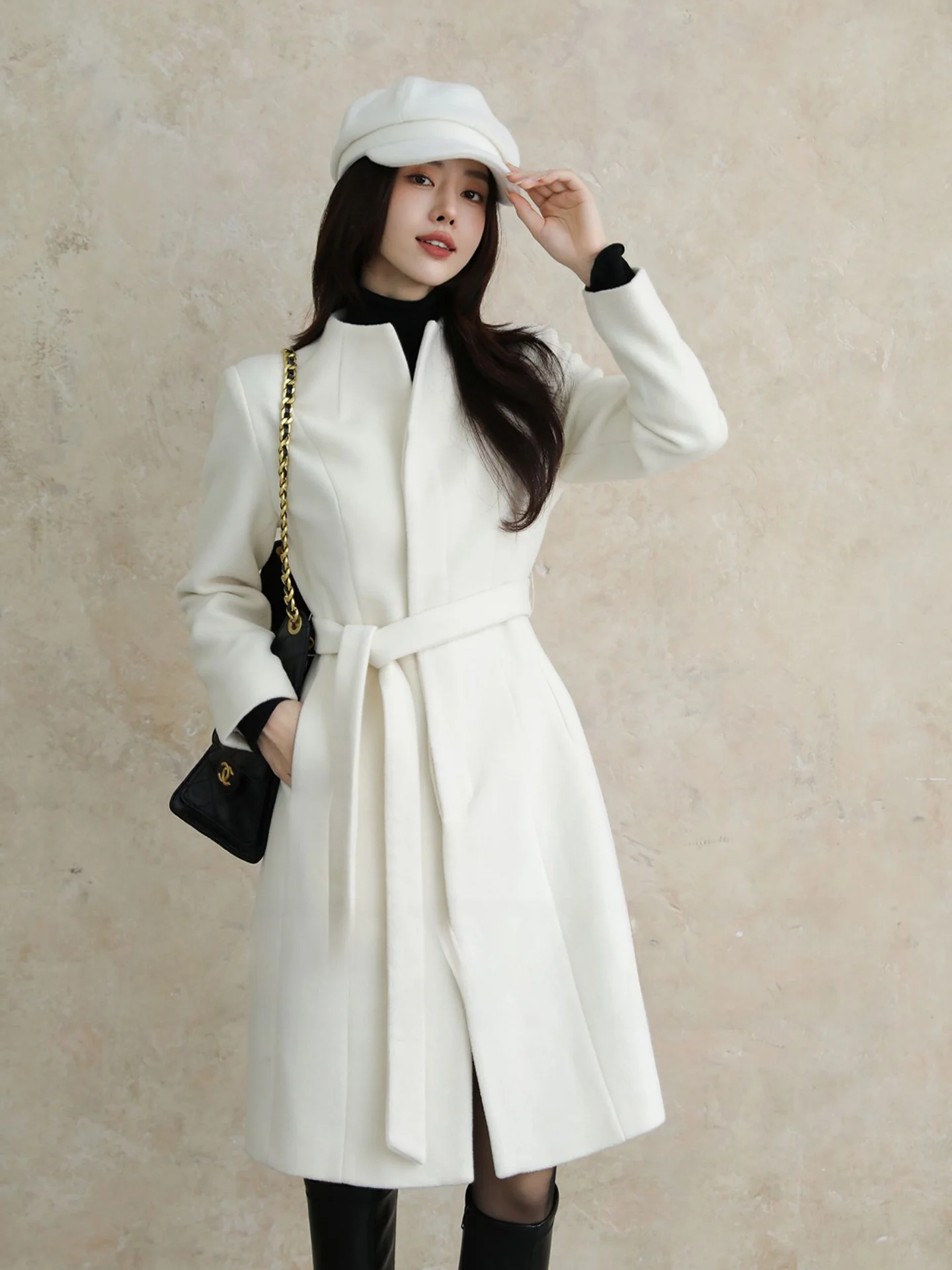 

White mat Woolen Coat Women's Waist-Cinching Jaet Long Sves round Collar Mid-Length Sli Commute Autumn Winter