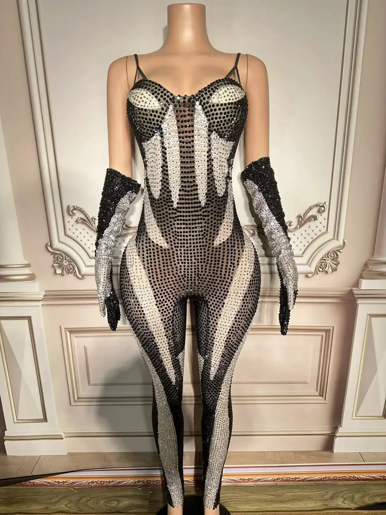 

Sexy Black White Rhinestones Jumpsuit With Gloves Transparent Birthday Outfit Dance Stage Evening Celebrate Club Bodysuit