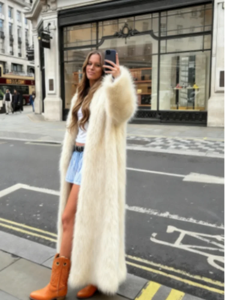 

Autumn Winter Large Jacket Overcoat Turn Down Collar Pockets Thick Coat Warm Jackets Maxi Coats 2025 Long Faux Fur Coat Women