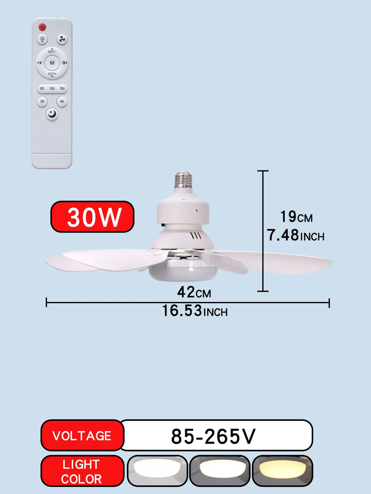 E27 met afstandsbediening LED 30W 40W plafondventilatorlamp dimfunctie geschikt voor woonkamer, studeerkamer en thuisgebruik 85-265V
