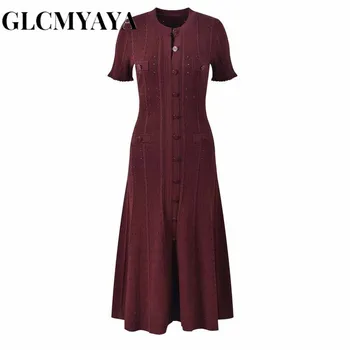 GLCMYAYA Women Single Breasted O-neck Short Sleeve Knit Ribbed Bodycon Midi Dress 2025 Vacation Sexy Party Club Vestidos Dresses 3