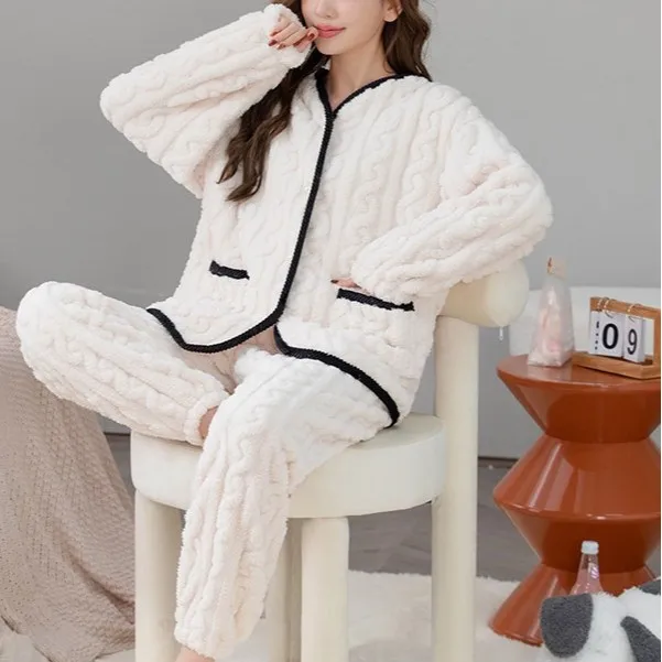 

Winter Coral Velvet Thickened Long Sleeve Trousers Two-Piece Set Casual Flannel Loungewear Women's Pajamas Warm Home Clothes
