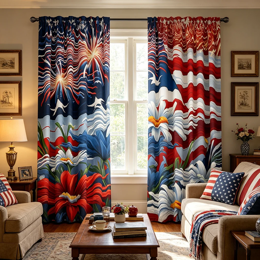 2PCS Independence Day Fireworks National Flag Flower Printed Curtains with Rod Bag Design, Suitable for Bedroom and Living Room