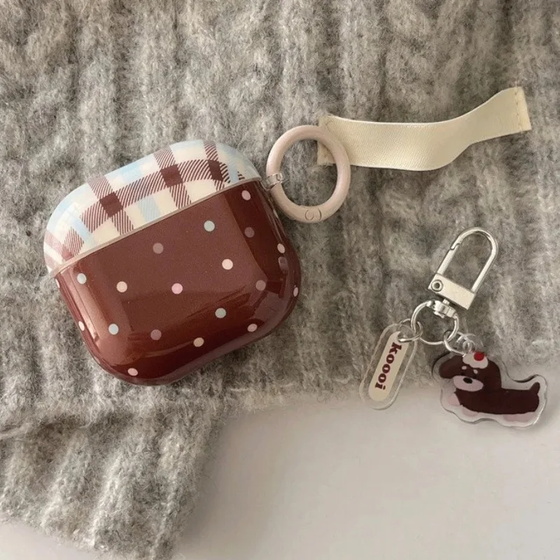 Brown Grid Circular Dots Pattern Case For Airpods 1 or 2 4 3 Airpods Pro 2 Shockproof Anti Fall Cover Case with Puppy Pendant