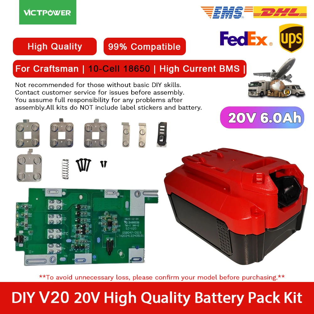

Replacement for Craftsman V20 20V Power Tool Battery Pack Kit With High Current PCB Board 6.0Ah 5S2P 10 Cells 18650 High Quality