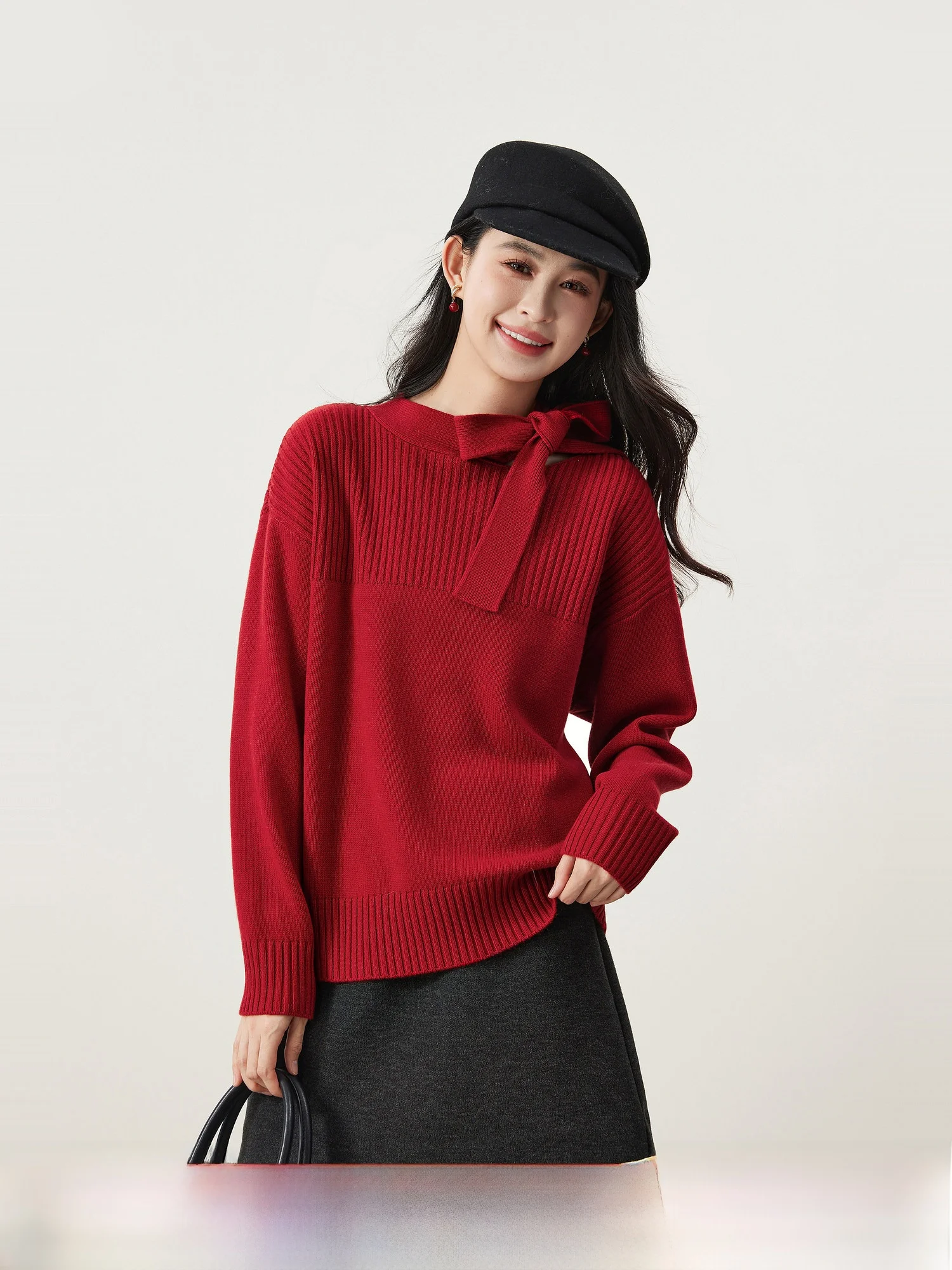 

Красный шерстяной вязаный свитер женский свободного кроя с эффектом бархата, с бантом, осенне-зимняя мода MIJOR