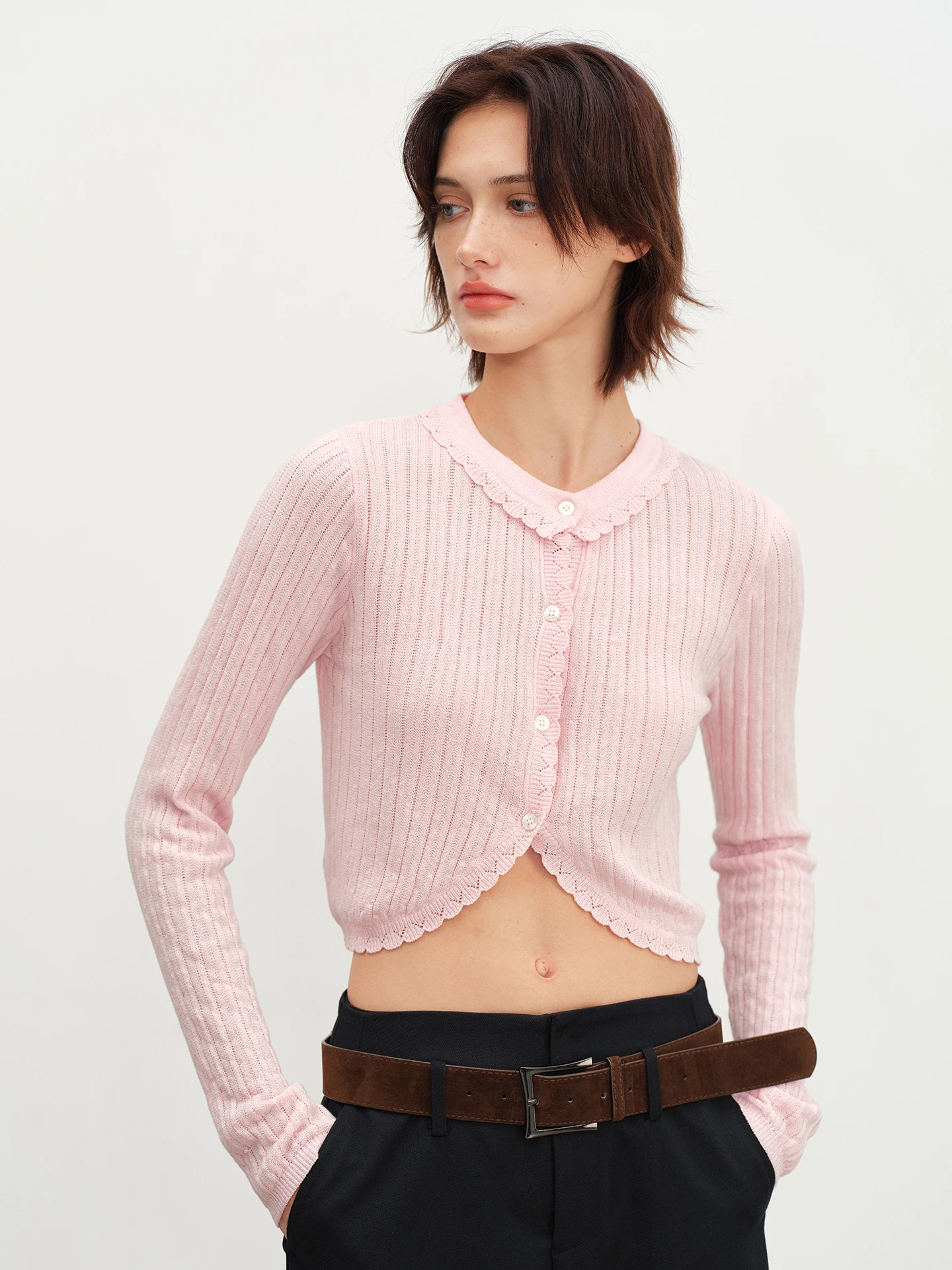 Howwell2026SS Soft Knitted Short Version Gentle Knit Small Open Cardigan Versatile Comfortable Fit Cotton Blend Long Sleeve