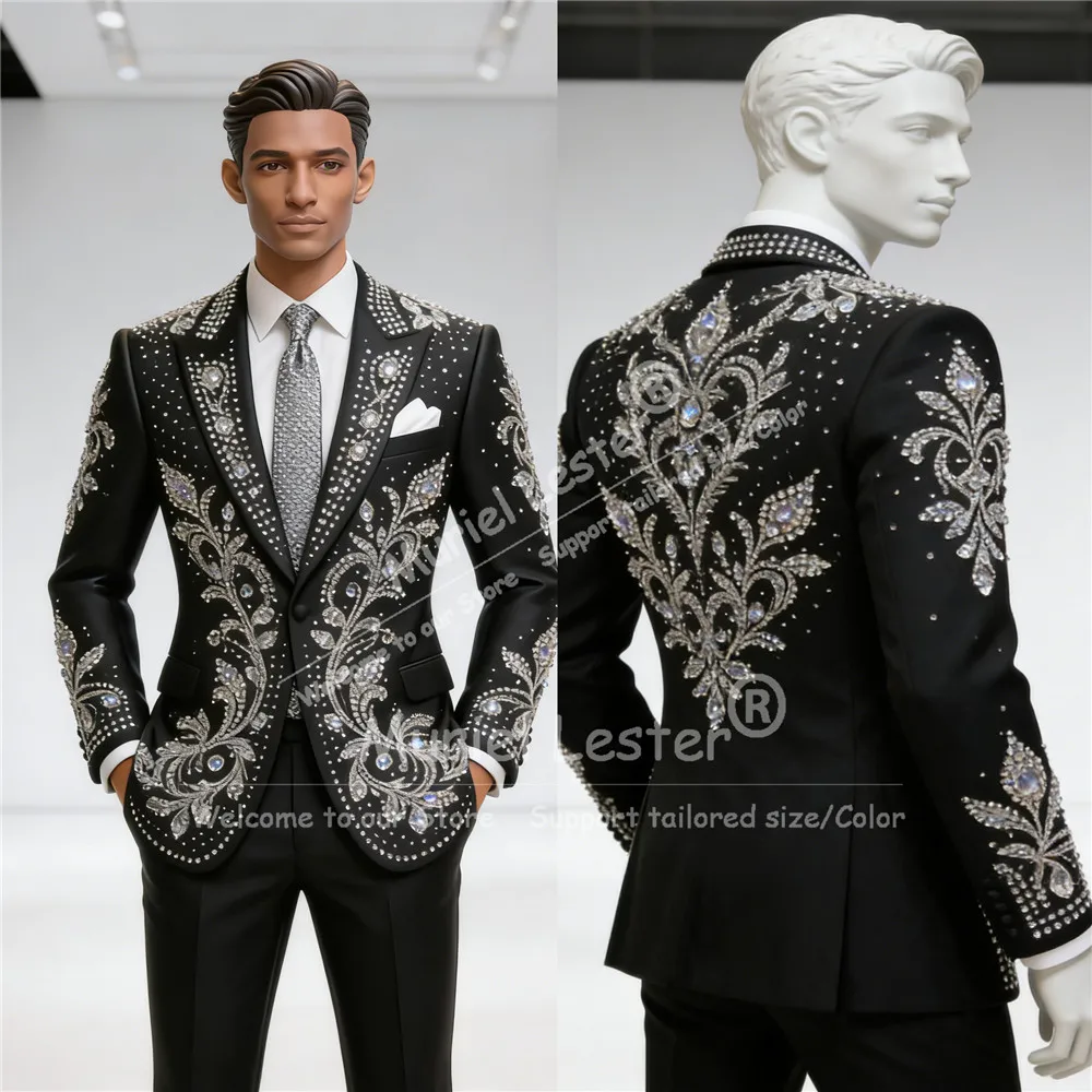 Trajes con cuentas de piedras de joyería para hombre, chaqueta de una botonadura personalizada de talla grande, pantalones, conjuntos de 2 piezas, esmoquin para banquete y boda