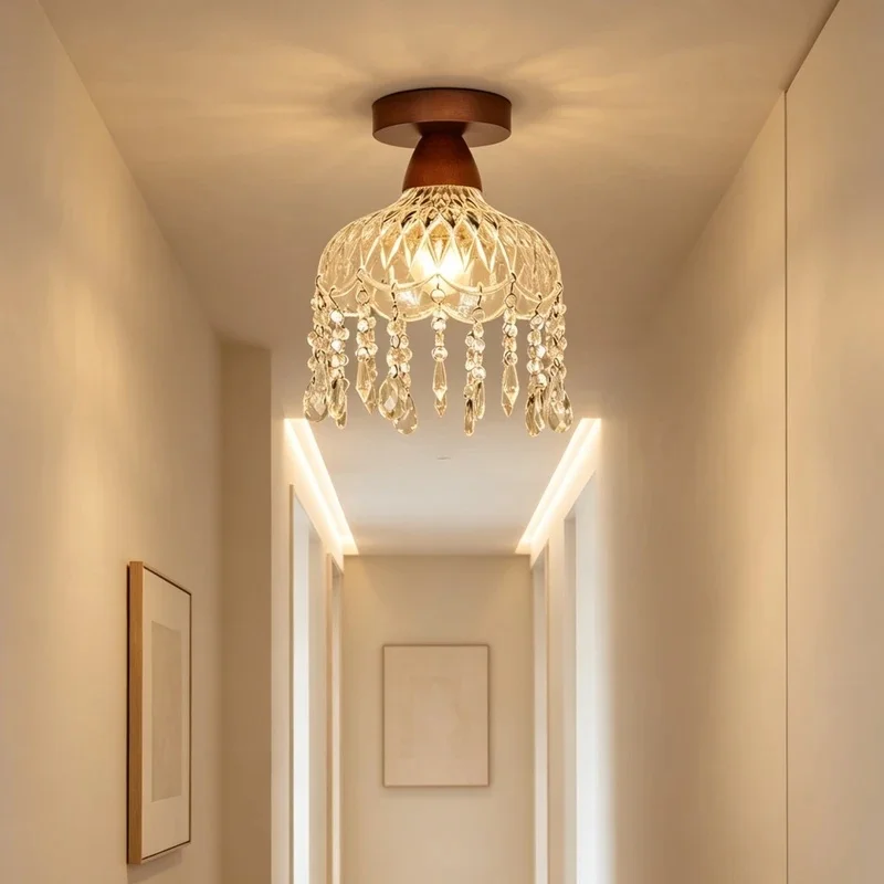 Vintage Crystal Ceiling Light Wooden Base Semi Flush Mount Lamp Pendant Light for Hallway Bedroom Entryway Home Decor