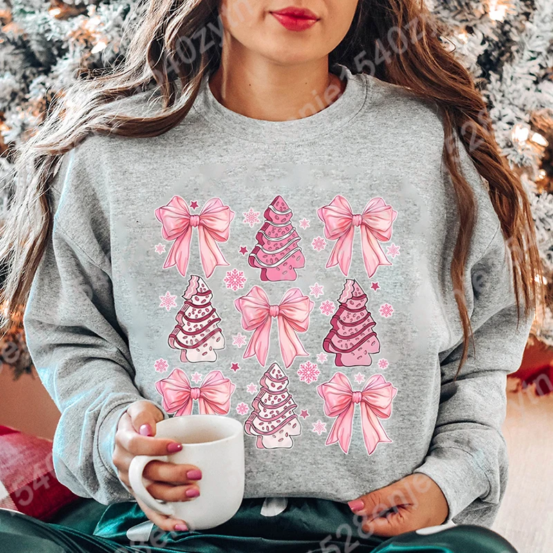 Christmas Pink Bow Gingerbread Print Sweatshirts Autumn Winter Long Sleeve Round Neck Casual Pullovers Women Hoodless Sweatshirt