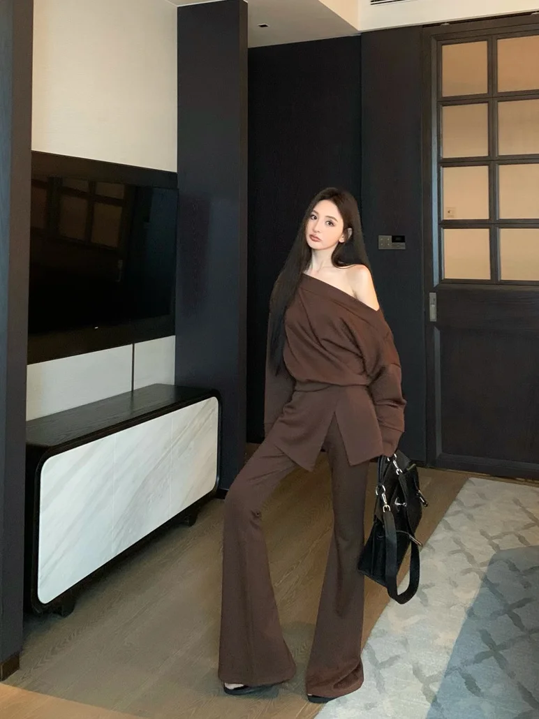 

American Style Vintage off Shoulder Long Sleeve Sweatshirt Women's Spring Slimming Casual Pants Two Piece Set