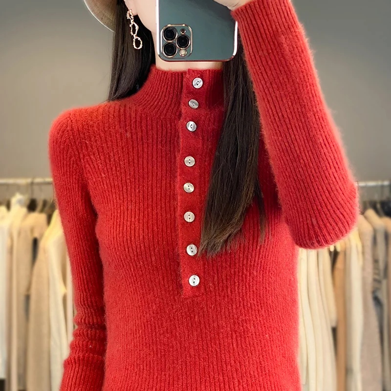 Autumn/Winter new women's sweater 100% Merino cashmere half-turtleneck pullover Fashion slim draw strip warm base knit shirt