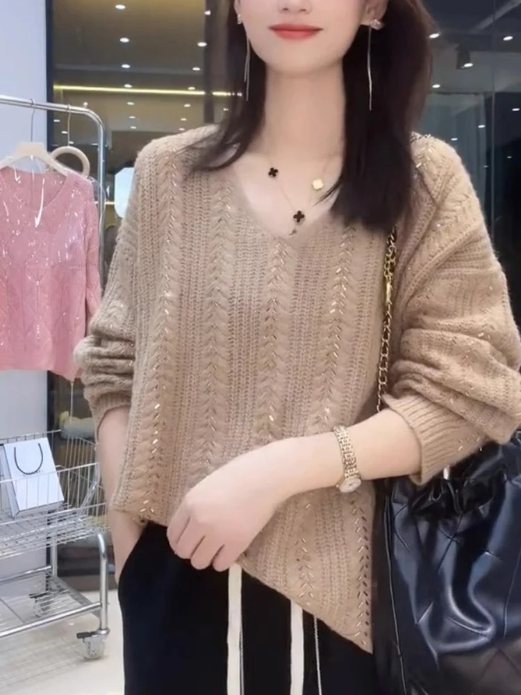  Comfortable Camere Knitted Sweater V-Ne Pullover Faionable Top Heavyweight Soft Warm Korean Sle Loose Fit