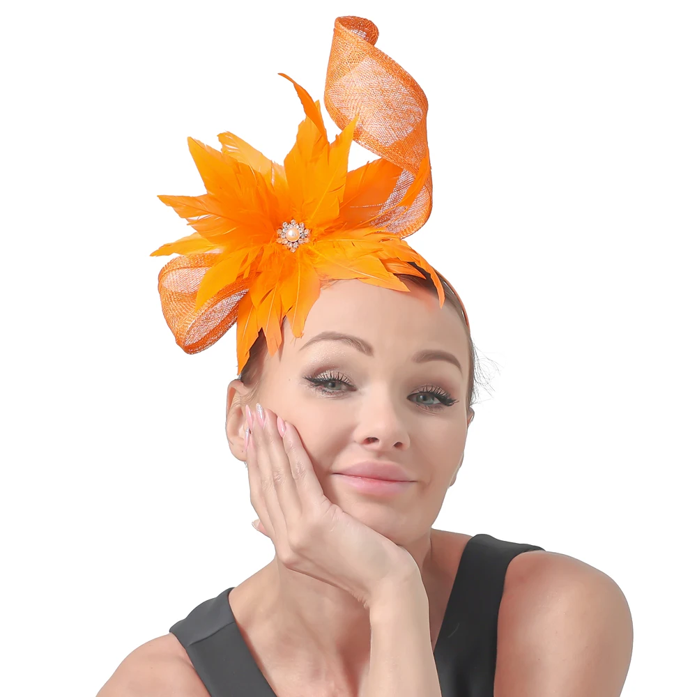 

Orange Sinamay Fascinator Hats Vintage Elegant Ladies Fedora Millinery Big Church Bride Headdress with Feather for Wedding