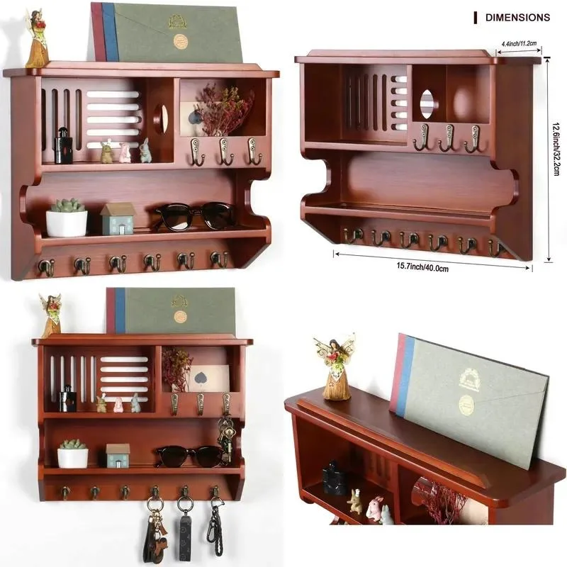 Professional Single Layer Wooden Key Storage Rack Wall Mounted Shelf with Hook Vertical Installation Storage Box Included