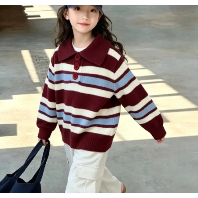 Korea Autumn/winter 2026 Striped Western-style Children's Sweater New Style Lapel Baby Boys' and Girls' Knitted Sweater