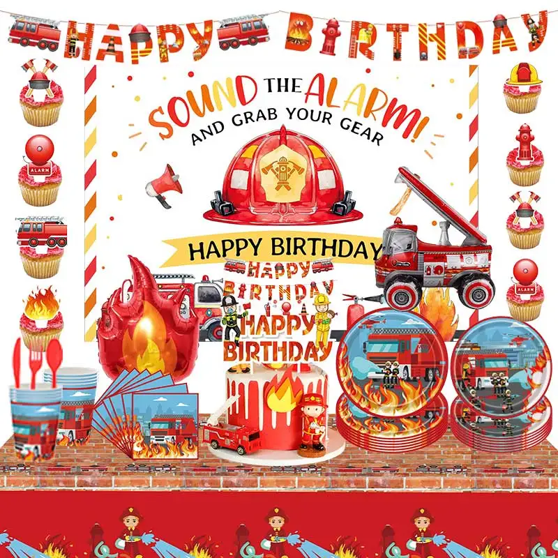 Fire Truck Birthday Decoration Firefighter Tableware Plate Cup Napkin Ballons Banner Backdrop Gift Bags Kids Boys Party Supplies