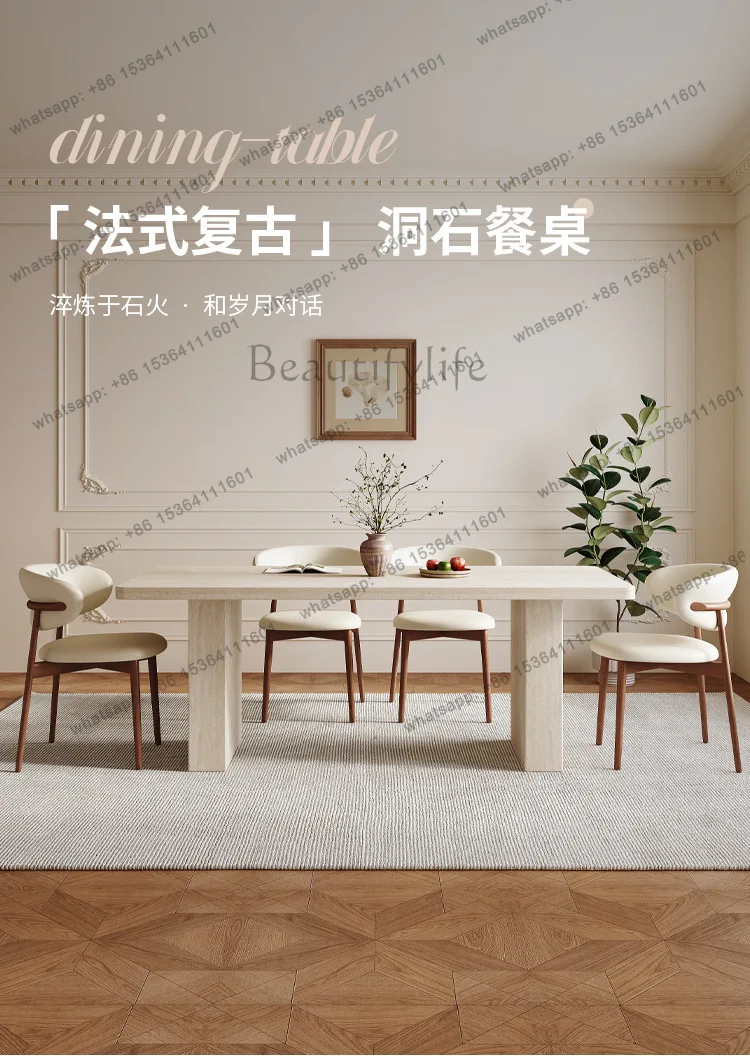 Medieval travertine rock slab dining table French wabi-sabi small apartment household rectangular dining table
