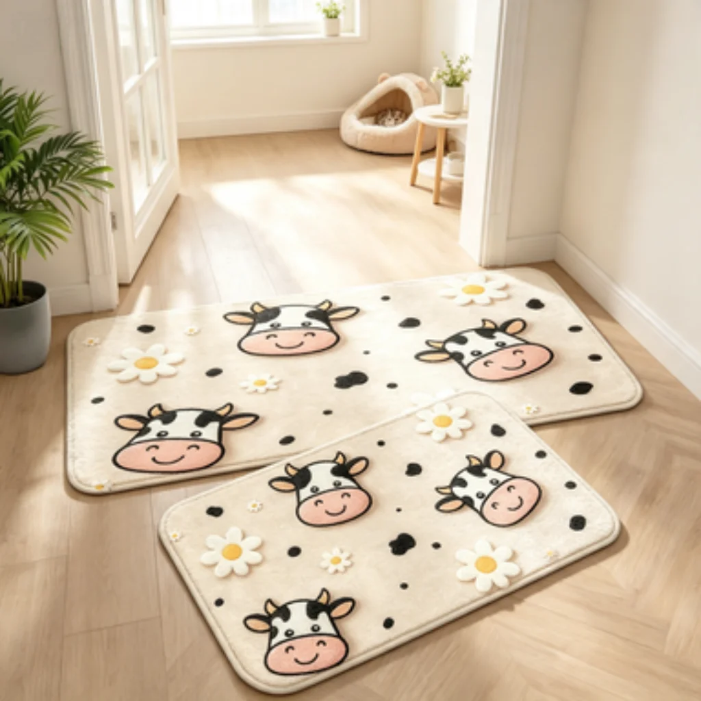 Cute Cow Daisy Mat, Floral Cow Door Mat, Lace Bow Bedroom Mat, Blue Wave Bubble Rug, Caramel Cow Silhouette Mat.