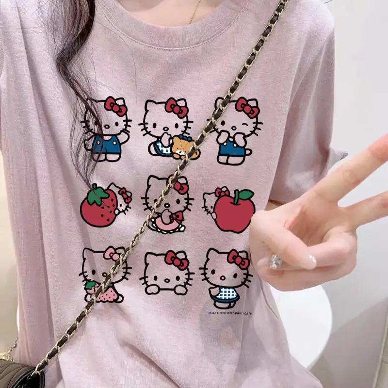 Right Shoulder Short-Sleeved Hello Kitty 2026 Spring Summer T-Shirt New Cartoon Thin Casual Women's Age-Reducing Tops Trendy Ins