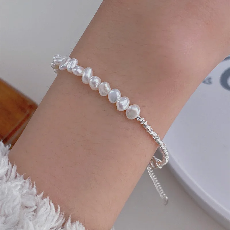 

5-6mm Natural Freshwater Baroque Pearls Irregular Silvers Fragments Bracelet 925 Sterling Silver Elegant Jewelry Gift for Women