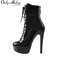 Onlymaker Women Platform Ankle Booties Patent Leather Thin High Heels Lace Up Size Zip Winter Warm Zipper Boots Shoes