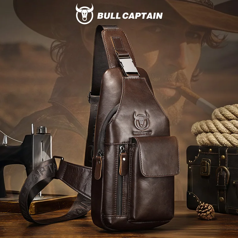 

BULLCAPTAIN Retro genuine leather chest bag, men's cowhide crossbody bag, large capacity shoulder bag ﻿