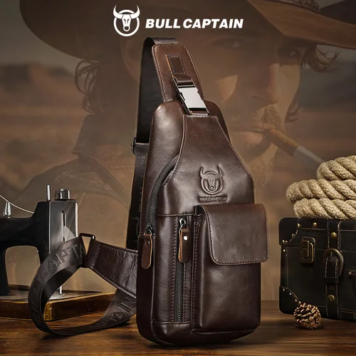 BULLCAPTAIN Bolso de pecho Retro de cuero genuino, bolso cruzado de piel de vaca para hombre, bolso de hombro de gran capacidad