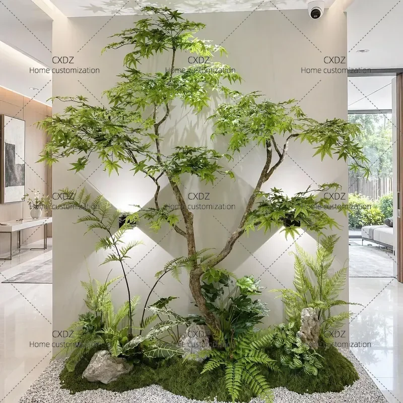 High End Artificial Green Maple Bonsai Fake Tree Ornament Indoor Landscaping Decoration for Tea Room Home Office Complete Set