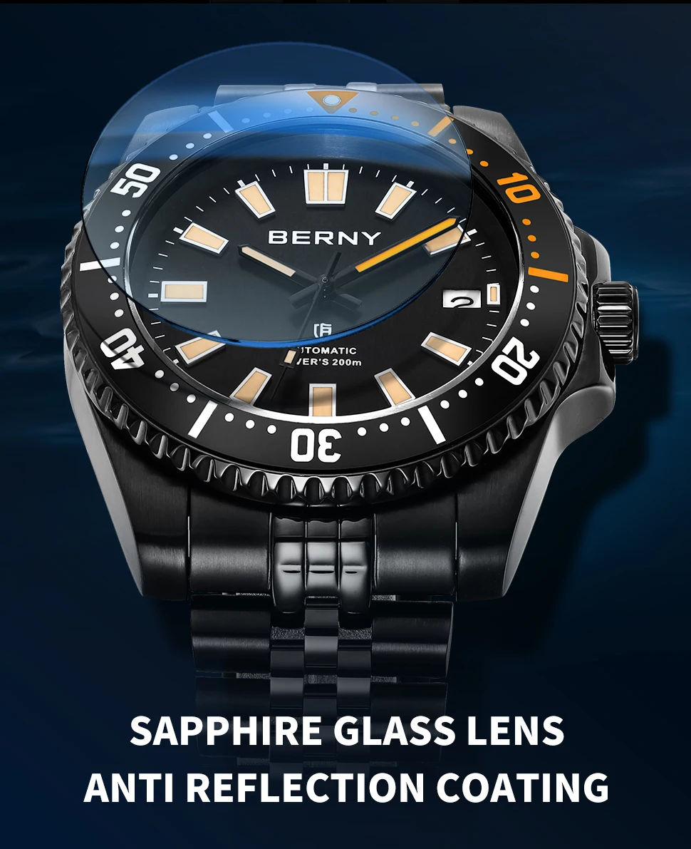 BERNY 自動ダイブウォッチ超発光オリジナルデザイン 20ATM BERNY 自動ダイブウォッチ男性用超発光オリジナルデザイン 20ATM