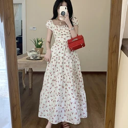 Summer Temperament Dress Women 2023 French Vintage Square Neck Bubble Sleeve Dresses Sweet Cherry Print Long/Mini Dress Vestidos