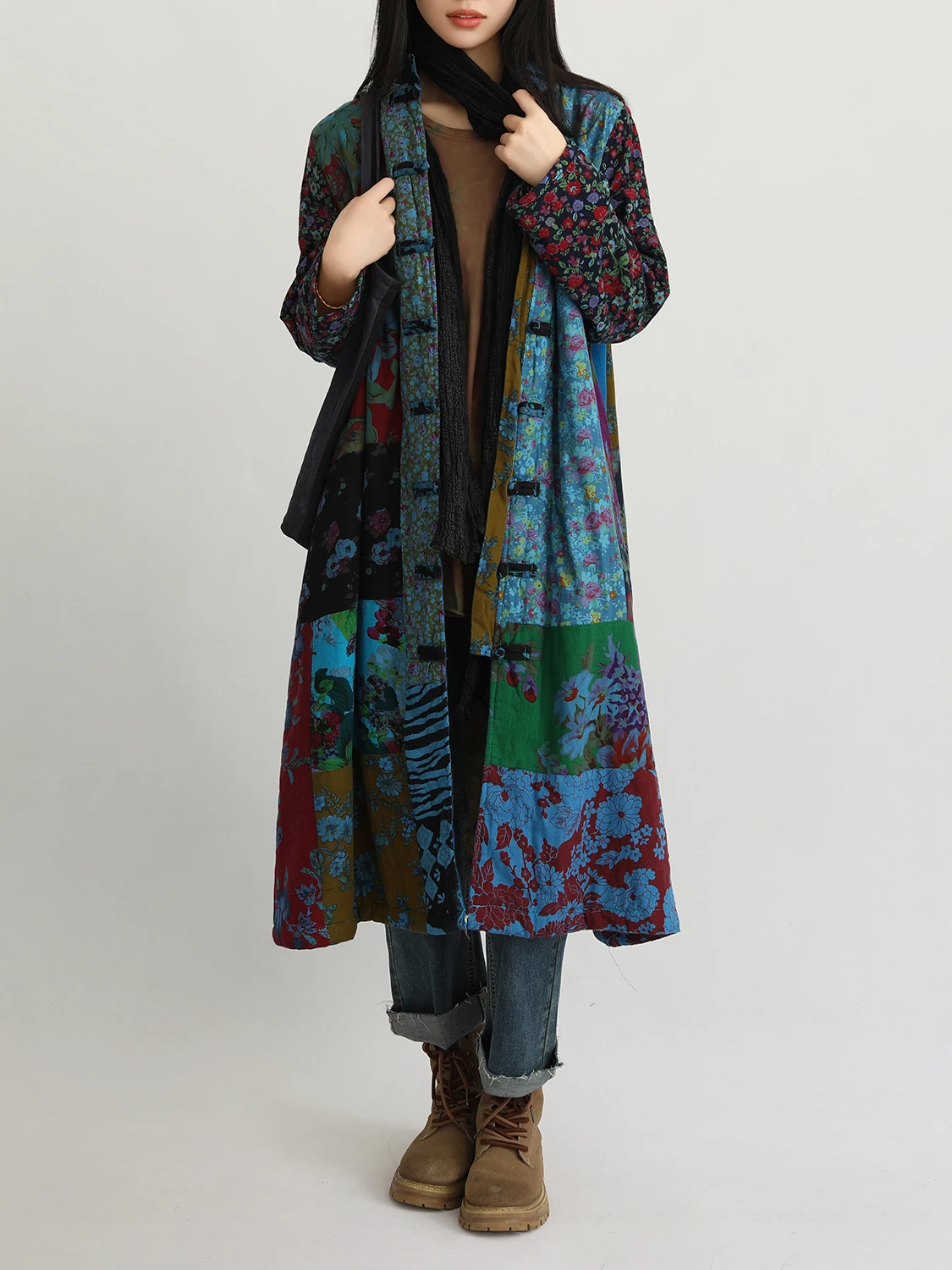 Vintage Cotton Linen Long Mid-calf Coat for Women Flower Loose Thick Fleece Inside Outerwear Long Sleeve Patchwork Dress Winter
