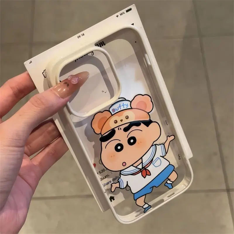Kawaii تلوين شين تشان الكرتون جراب هاتف آيفون 16 15 14 13 12 11 برو ماكس زائد XS XR X 7 8 أنيمي الاكريليك غطاء مقاوم للصدمات