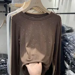 Women Clothing Stylish Glitter Long Sleeve Cotton Pullover T-shirt Autumn Winter Female Casual O Neck Slim All Match Basic Tops