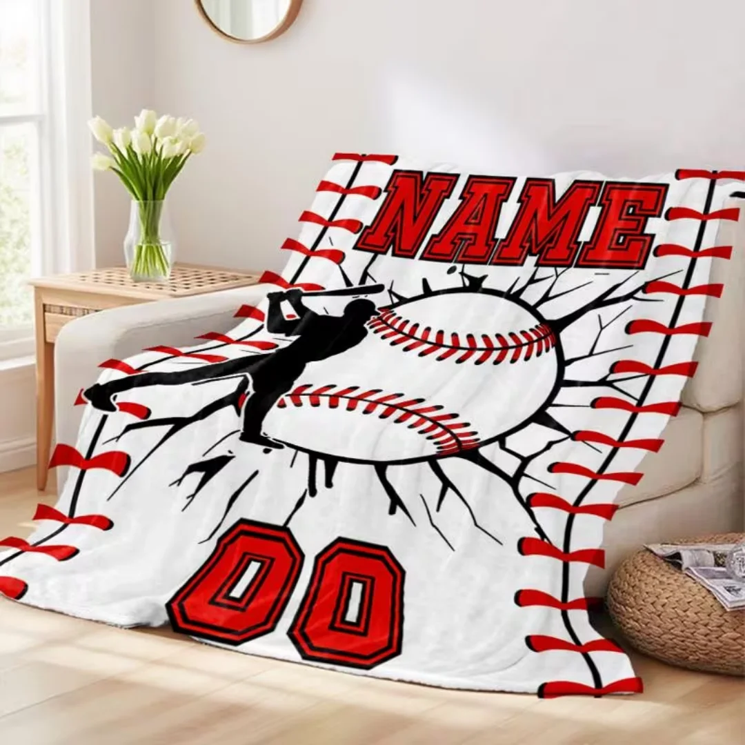 Personalized Baseball Flannel Blanket Custom Name Text, Soft Red Black White Baseball Throw Shawl for Boys Girls Sports Fans, De