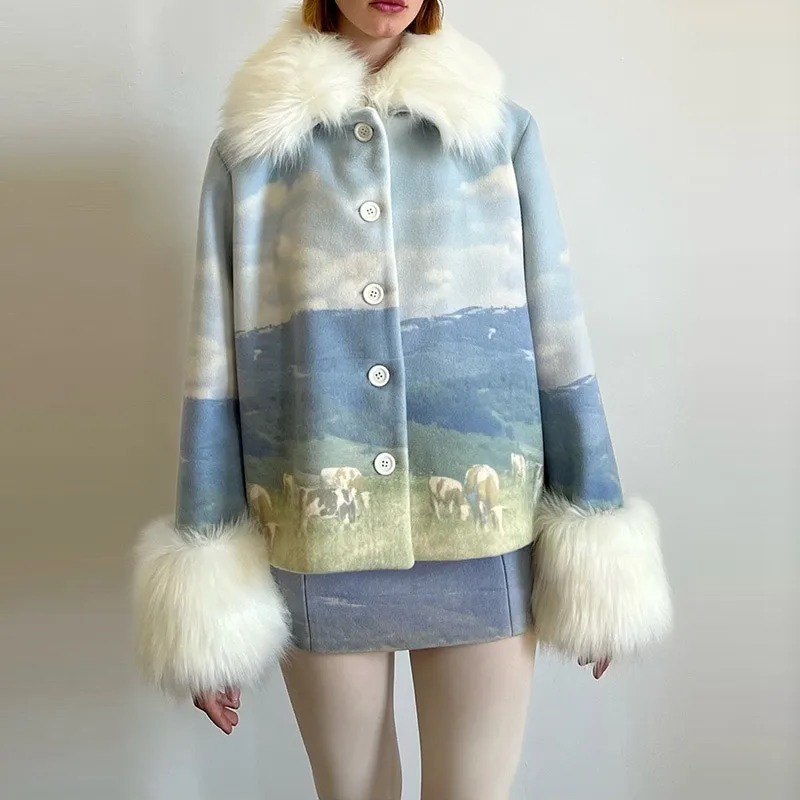 Bedruckte Kunstpelz-Patchwork-Wollkurzmäntel für Damen, Street-Style, Reverskragen, Langarm, Lose Jacke, Herbst-Winter, Schicke Damen-Oberbekleidung, Neuheiten – Detail 4