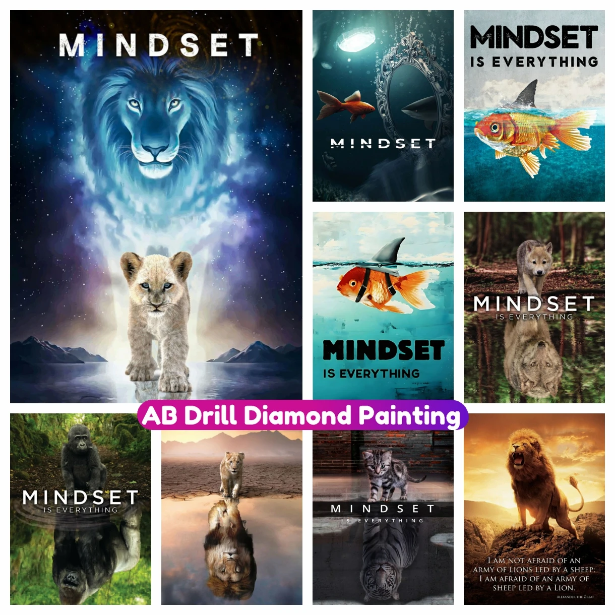 

Mindset is Everything Animals Mirroring AB Diamond Painting Lion Cross Stitch Kit 5D DIY Full Drill Mosaic Embroidery Home Decor