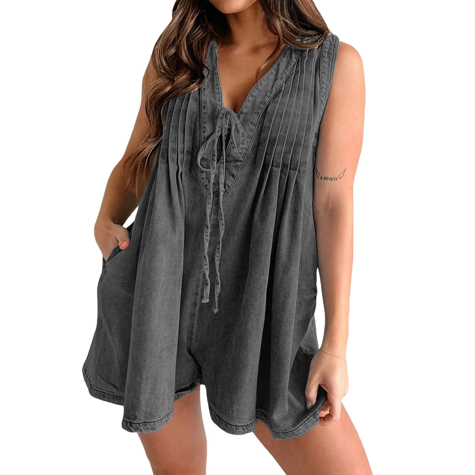 

Women's Demin Shorts Romper with Pockets for Summer Loose Pleated Tie Front V Neck Sleeveless Jumpsuit Streetwear