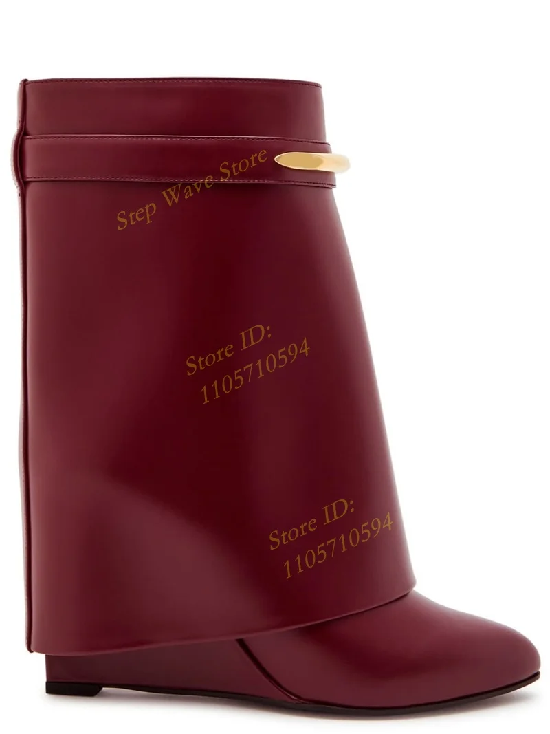 Burgundy Leather Mid-calf Ankle Booties Round Toe Slip On Turn Over 2026 New Arrivals Fashion Dress Shoes Solid Matte Leather