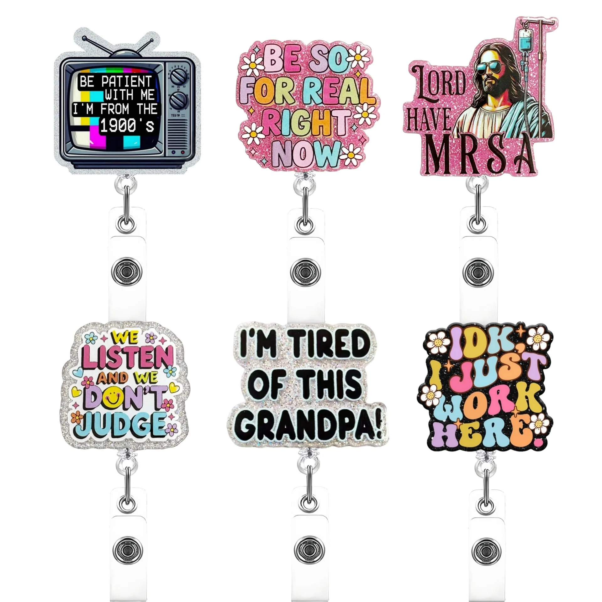 New Arrival 1 Piece Shiny Acrylic Retractable Nurse Badge Reel Anime Flowers Phrase Doctor ID Card Holder Alligator Clip