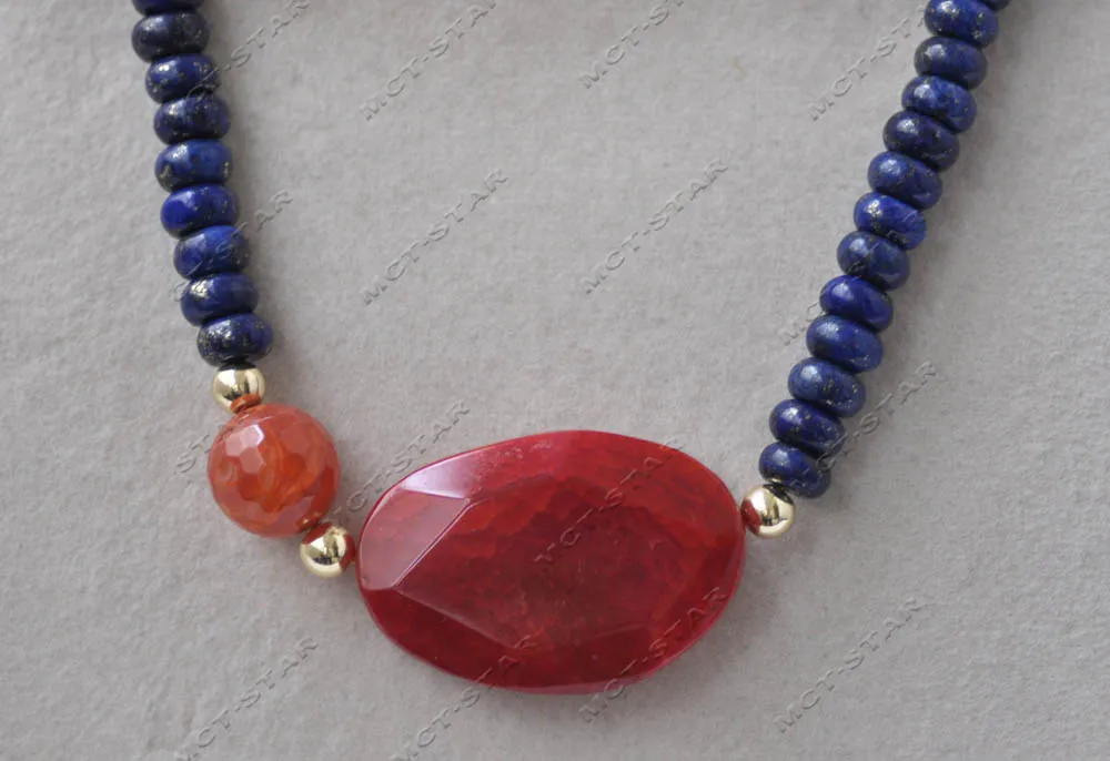 Z13998 18'' 40mm Natural Rondelle Blue Lapis lazuli Necklace Red Agate Pendant Custom Jewelry