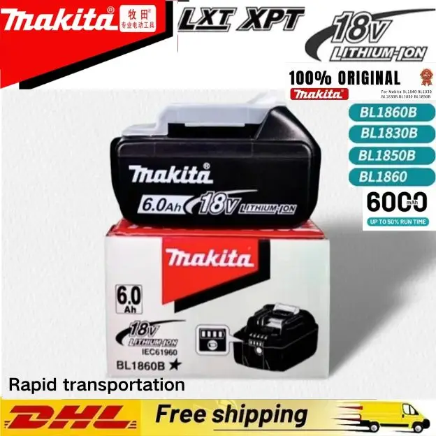 New Authentic Makita LXT 18V 6.0Ah Li-Ion Battery+drill+charger，Universal Fit BL1815、1830B、1840B、1850B、1860B、1890 Power Tools