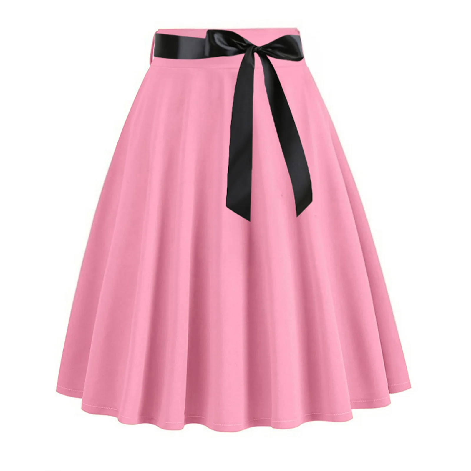 

Elegant Women's Retro Swing Pleated Skirt with Ribbon Belt Solid Color A-line Midi Skirt for Casual Office Cocktails Party Skirt