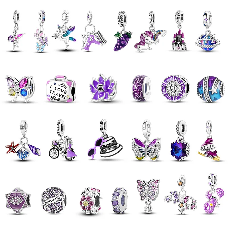 

Charms Plata De Ley 925 Butterfly Trunk Bicycle Hat Love Charms Purple Pendant Fit Original Bracelet For Women DIY Jewelry Bead