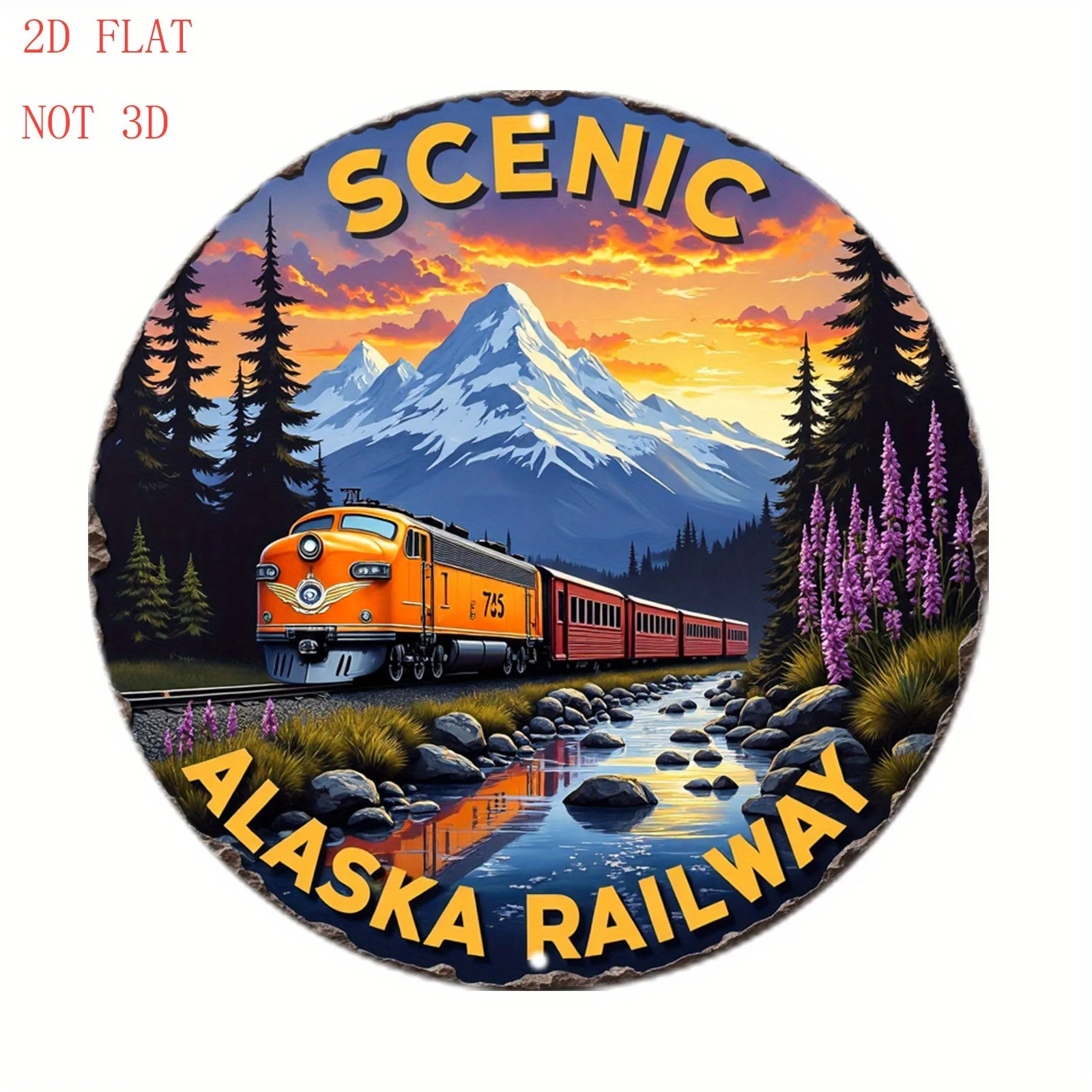 1pc 8-Inch Alaska Railway Train & Alaska Mountain Landscape Round Metal Wall Art Sign - Vintage Locomotive 497, Scenic Railroad