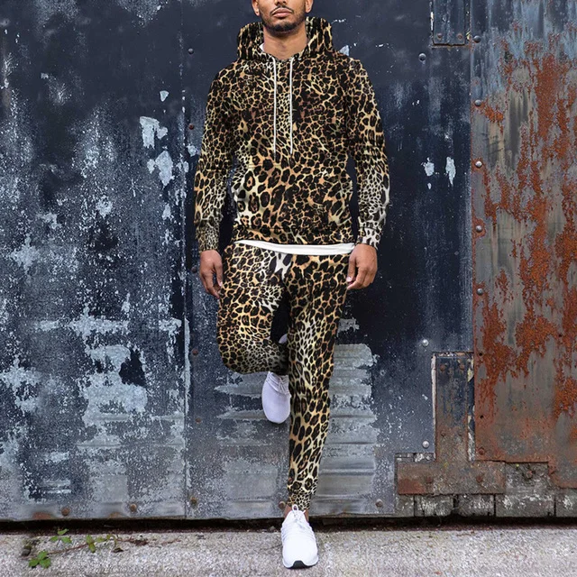 Mannen Trainingspak 2023 Herfst Winter 2 Delige Set Oversized Hoodies Leopard 3d Gedrukt Jogging Fleece Sweatshirts + Joggingbroek Pak