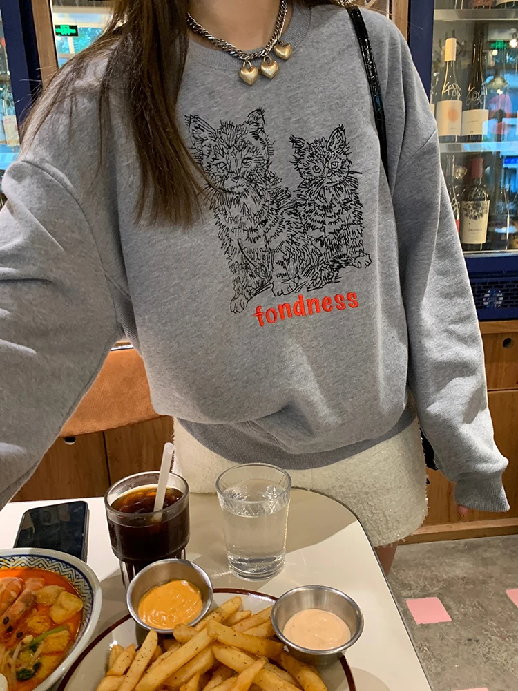 Trendy Oversize Hoodie Sweatirt round Ne Pullover ay Color Organic Cotton Korean Sle ort Length Loose Fit Printed