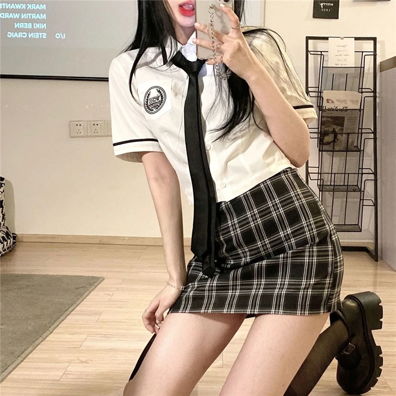 Hete Meid Jk Uniform Dagelijks Tweedelige Set Japanse Koreaanse Stijl College-Stijl Schoolkostuum Hoge Taille Heup Wikkelrok Set